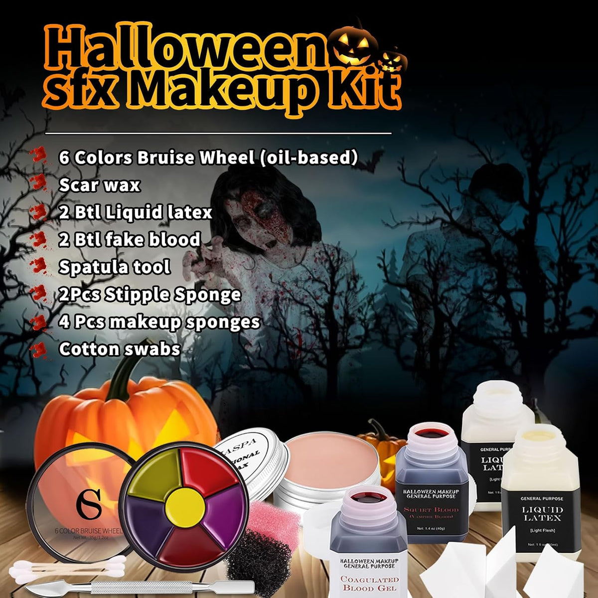 Halloween SFX Makeup Kit — Liquid Latex, Fake Blood & Scar Wax Set