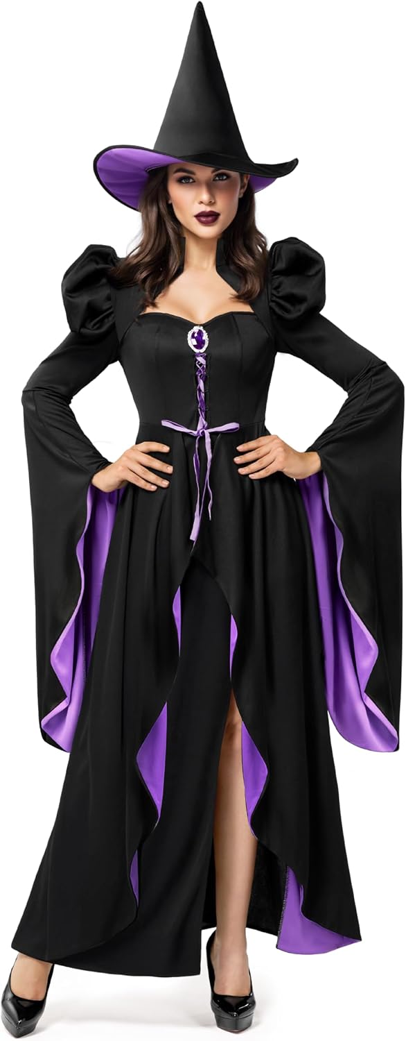 Classic Witch Womens Halloween Costumes 2026, Costume with Witch Dress Hat Accessory for Cosplay