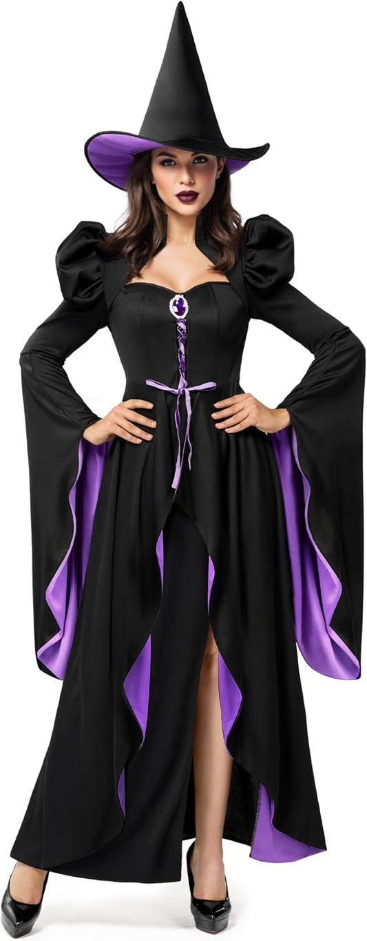 Classic Witch Womens Halloween Costumes 2026, Costume with Witch Dress Hat Accessory for Cosplay