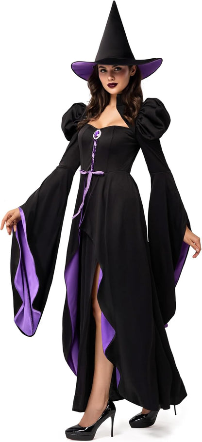 Classic Witch Womens Halloween Costumes 2026, Costume with Witch Dress Hat Accessory for Cosplay
