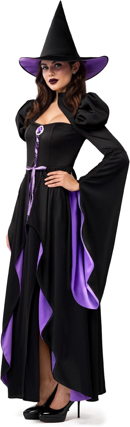 Classic Witch Womens Halloween Costumes 2026, Costume with Witch Dress Hat Accessory for Cosplay