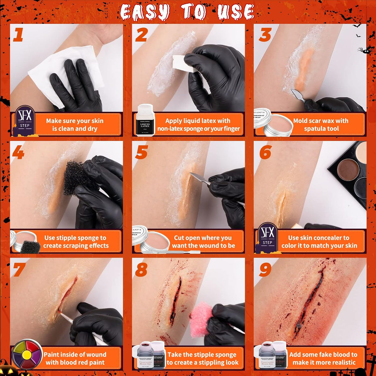 Halloween SFX Makeup Kit — Liquid Latex, Fake Blood & Scar Wax Set